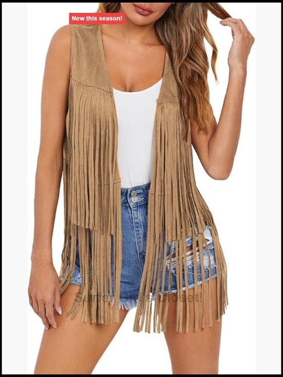 Jackets & Blazers - Women's Fringe Vest 70s Sleeveless Faux Suede Tassel Western Cowgirl Outfit